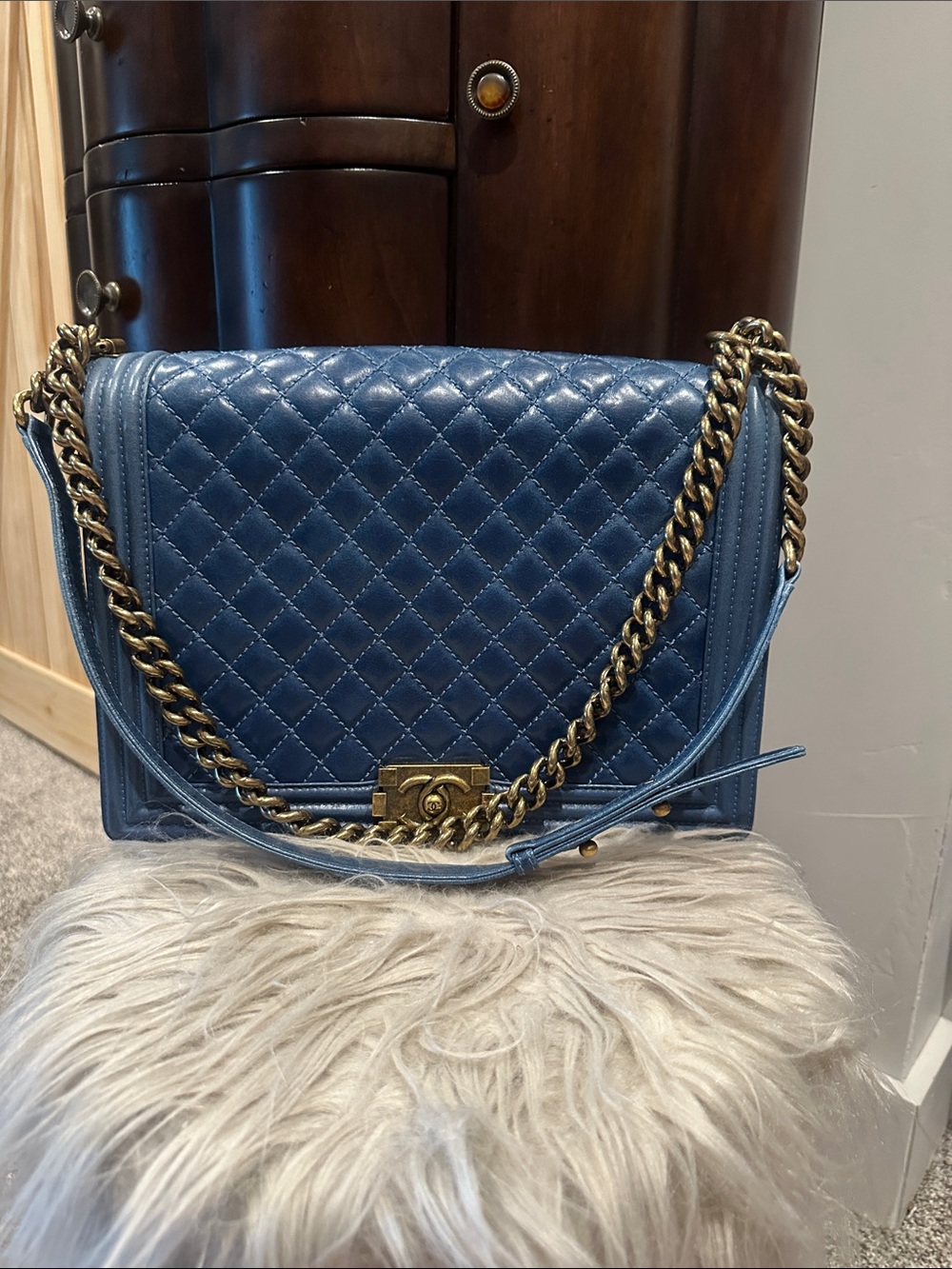 CHANEL Quilted Denim-Blue Shoulder Boy Bag with Gold Chain and Hardware